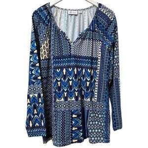 Denim & Co. Womens Top Size XL Blue Patchwork Ikat Print Tunic Tee Long Sleeve